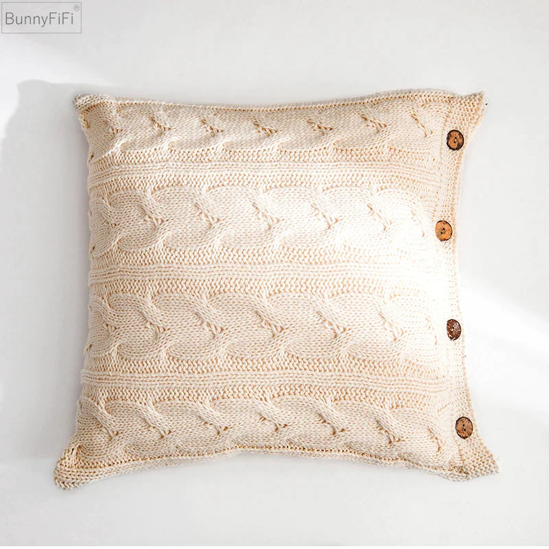 Afralia™ Soft Cotton Plait Knit Cushion Cover Vintage Ivory Grey Pink Solid 45cm*45cm