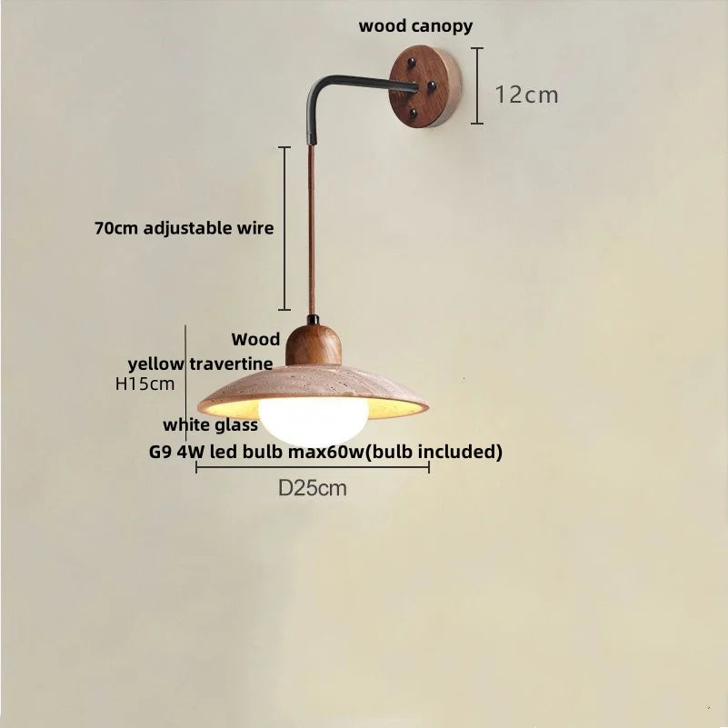 Afralia™ Wood Canopy LED Wall Sconce Yellow Travertine Stone Pull Chain Switch