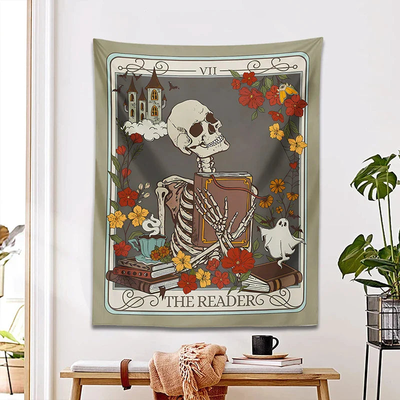 Afralia™ Reader Tarot Card Tapestry: Mystical Skeleton Wall Hanging for Home Decor