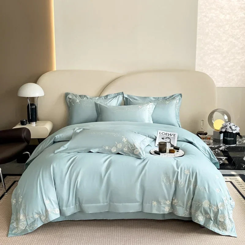 Afralia™ Embroidery Cotton Bedding Set: King Queen Europe Sheet Duvet Cover Pillowcase Bed Linens