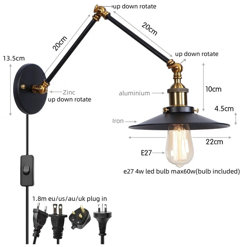 Afralia™ Rustic Vintage LED Wall Lamp with Pull Chain Switch for Stair, Restaurant, Bedroom
