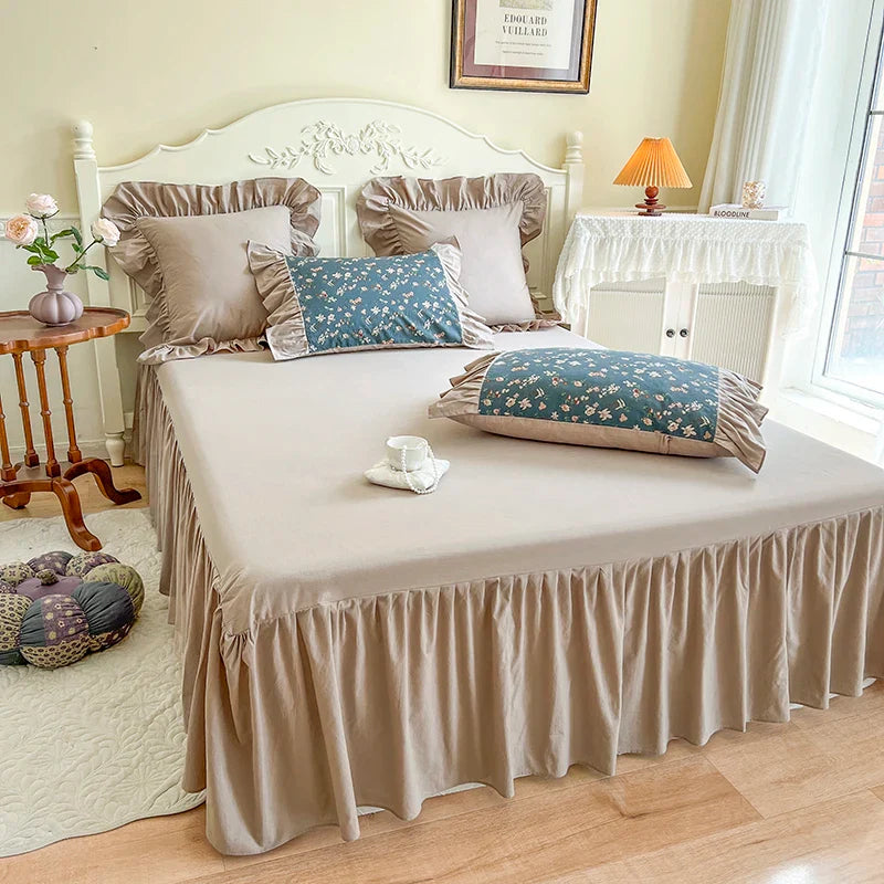 Afralia™ Vintage Floral Cotton Bedding Set with Pleat Ruffles and Duvet Cover
