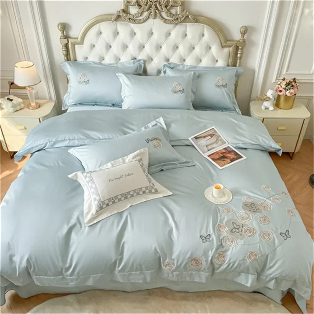 Afralia™ Blue Butterfly Flower 600TC Egyptian Cotton Duvet Cover Set