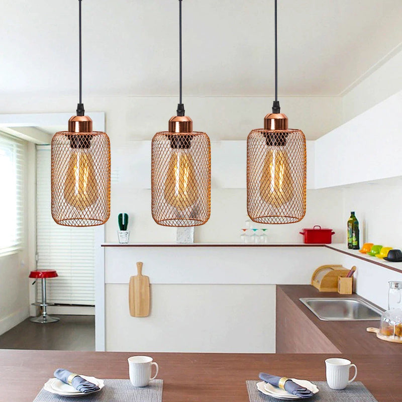 Afralia™ Rose Gold Metal Cage Pendant Lamp with E27 Bulb Socket