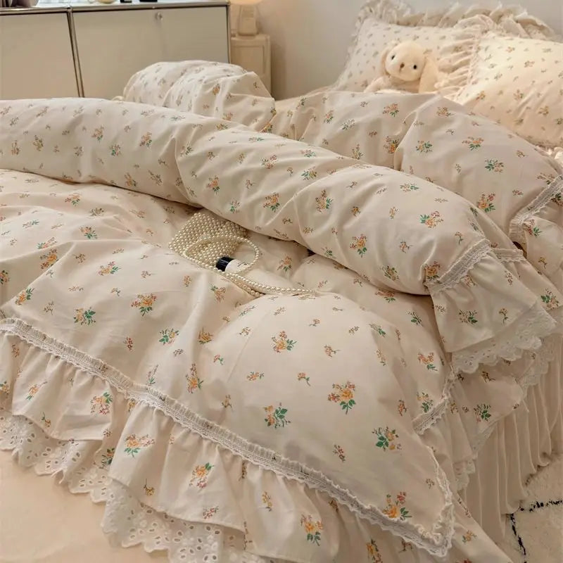 Afralia™ Princess Style Lace Ruffles Bedding Set - 100% Cotton, 3/4Pcs, Korean Design