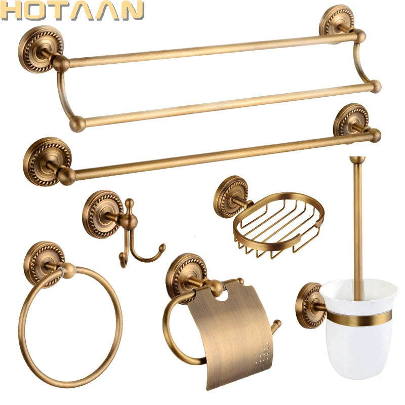 Afralia™ Brass Bathroom Set: Robe Hook, Paper Holder, Towel Bar, Soap Basket.