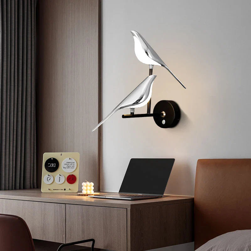 Afralia™ Magpie Bird Touch Switch LED Wall Lamps 360° Rotatable Indoor Golden Silver Wall Lights