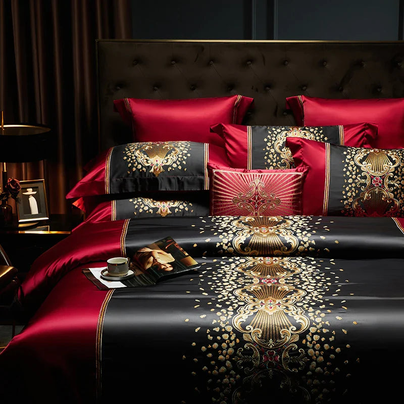 Afralia™ Luxury Gold Embroidery Bedding Set, Satin Brocade & Egyptian Cotton Duvet, Sheet, Pillowcases