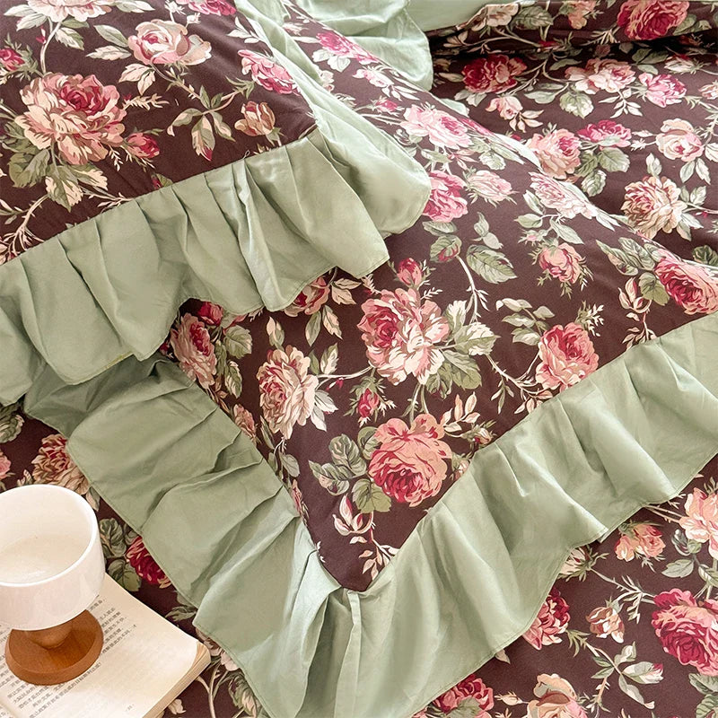 Afralia™ Princess Ruffles Rose Flowers Bedding Set with Pillowcase - 4Pcs