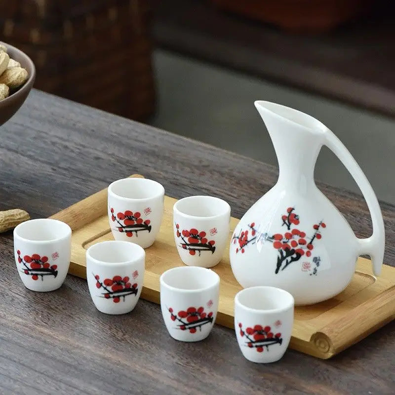 Afralia™ Ceramic Wine Set Dispenser Antique Pot Liquor Cup Warming Container