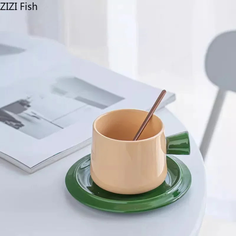 Afralia™ Minimalist Green Ceramic Tea Cup and Saucer Set - Coffee & Tea Mug