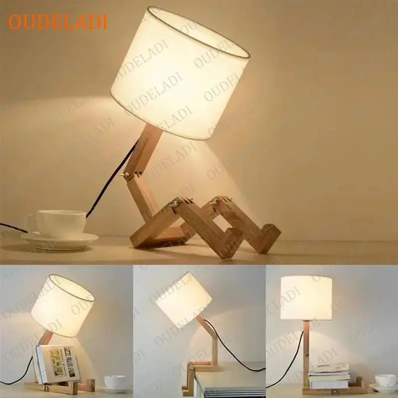 Afralia™ Robot Shape Wooden Table Lamp with E14 Lamp Holder for Indoor Study Night Light