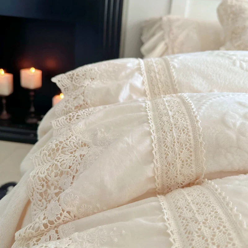 Afralia™ Lace Ruffles Velvet Wedding Bedding Set with Carved Details