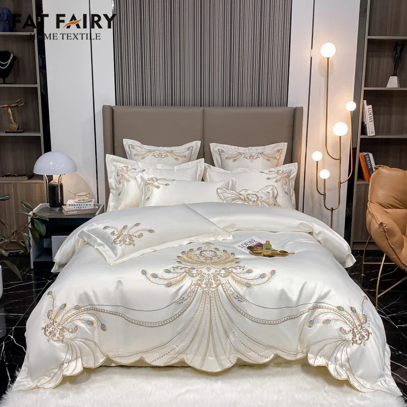 Afralia™ Gold Feather Embroidery Egyptian Cotton Patchwork Bedding Set