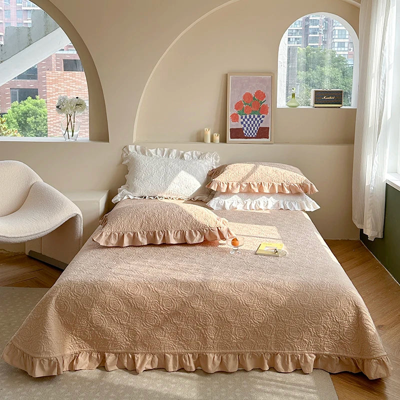 Afralia™ Rose Flower Bed Cover Set: Quilted Washed Cotton with Lace Ruffles, Two-Sided Design