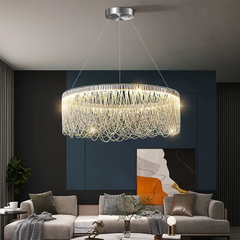 Afralia™ Chrome Tassel Chandelier LED Lighting for Home Living Room Decor