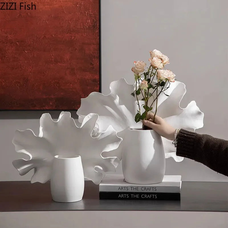Afralia™ White Ceramic Vase with Artificial Flowers for Desk & Room Decor