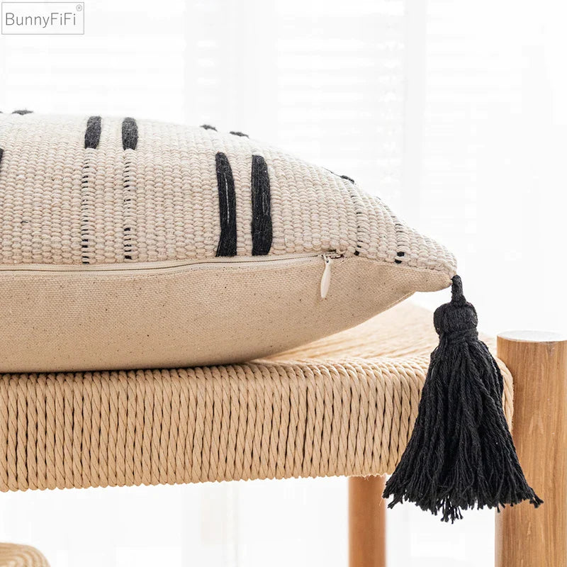 Afralia™ Black Ivory Mustard Tassel Woven Cushion Cover for Home Decoration