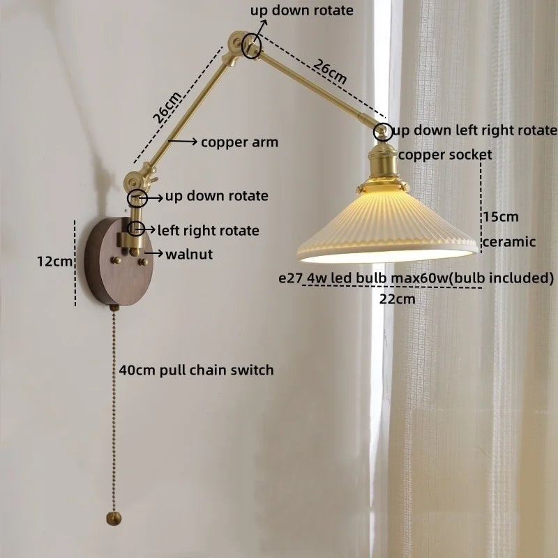 Afralia™ LED Wall Lamps Pull Chain Switch Modern Stair Light Fixtures, Ceramic Copper