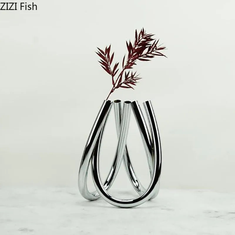 Afralia™ Metal Six-hole Vase Modern Decor Golden Silver Floral Vases Desk Decoration