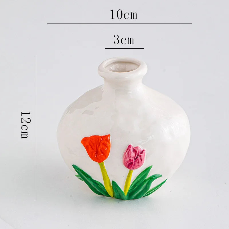 Afralia™ Tulip Embossed Ceramic Vase - Colorful Floral Pattern - Home Décor Vase