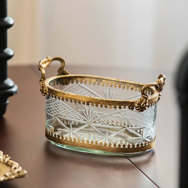 Afralia™ Brass & Carved Glass Jewelry Makeup Pen Storage Box Dry Fruit Snack Plate