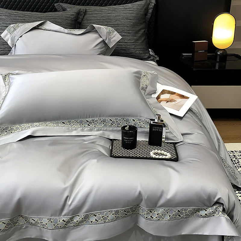 Afralia™ Brown Lace Embroidery Bedding Set, 4Pcs, 1200TC Egyptian Cotton