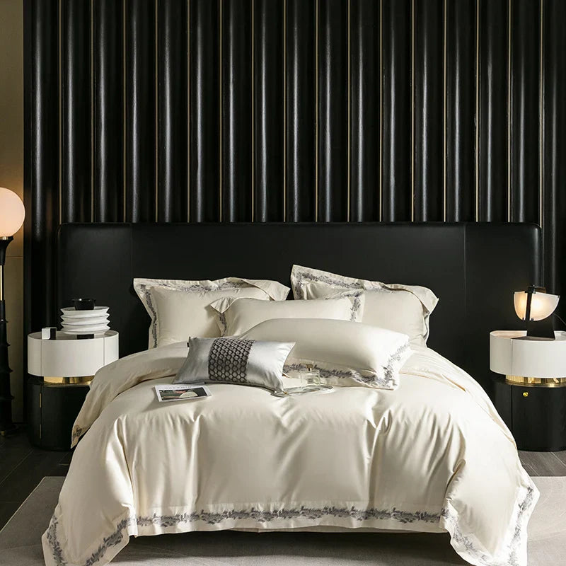 Afralia™ Luxury Jacquard Embroidery Bedding Set in Champagne Gold and Black