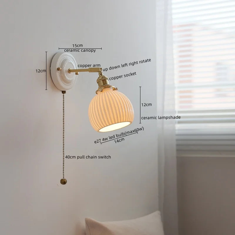 Afralia™ Vintage Ceramic LED Wall Sconce Light with Copper Pull Chain Switch