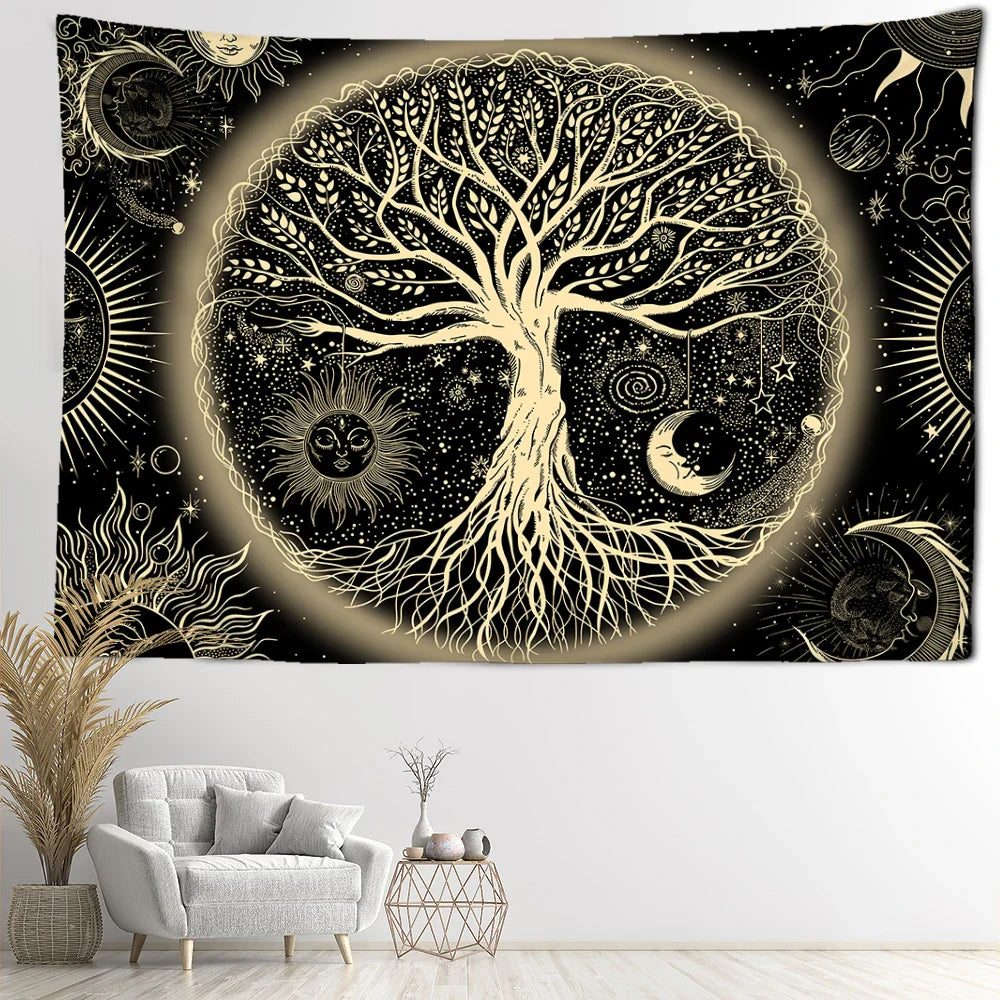 Yellow Sun Moon Life Tree Tapestry Wall Hanging Afralia™ Abstract Bohemian Aesthetics Home Decor