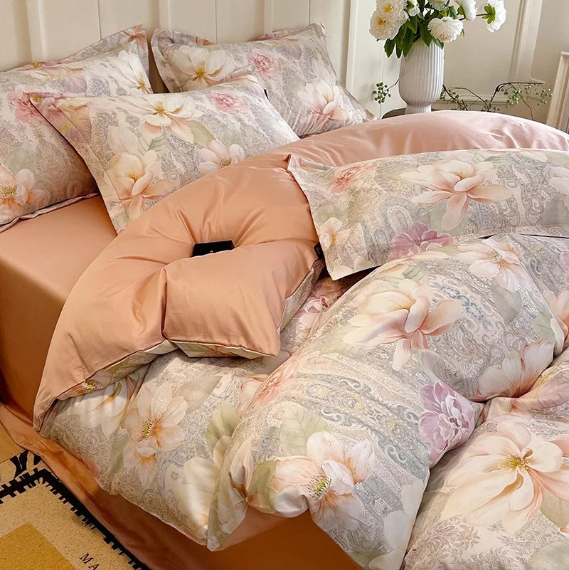 Afralia™ Satin Flower Fitted Sheet Set - Luxury 100% Cotton Print Bedding Set