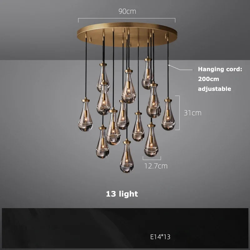 Afralia™ Brass Teardrop Pendant Chandelier with Black/Gold Glass - LED Living Room Staircase Light