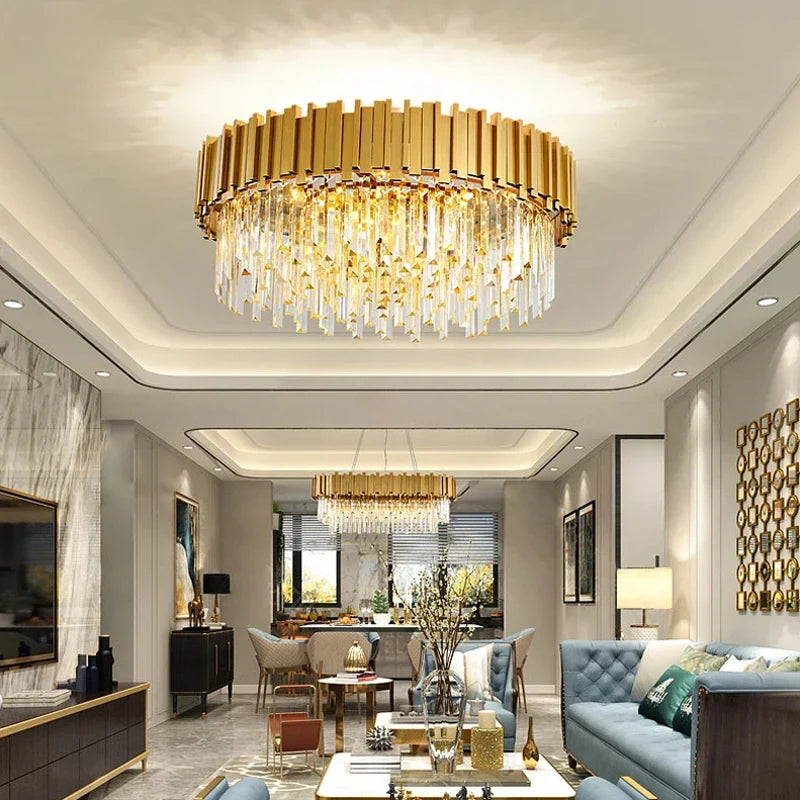 Afralia™ Golden Crystal Chandelier LED Ceiling Light for Living Room & Lobby