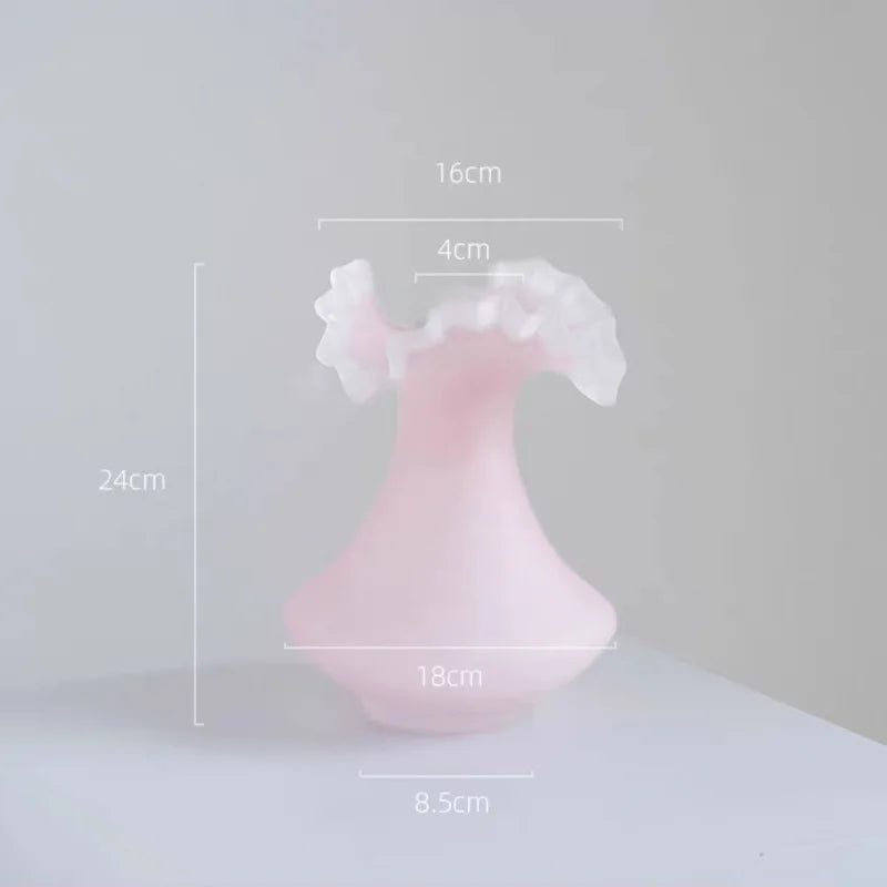 Afralia™ Pink Glass Vase Wave Fold Frosted Vase Floral Arrangement Terrarium Decoration
