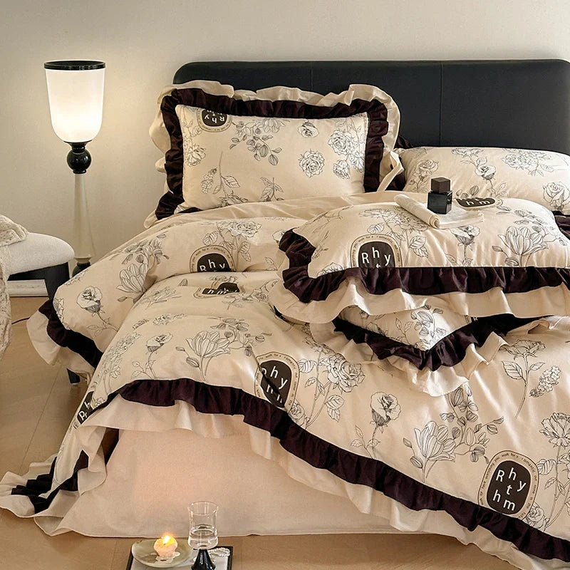 Afralia™ Vintage Floral Cotton Ruffles Princess Bedding Set with Double Layer