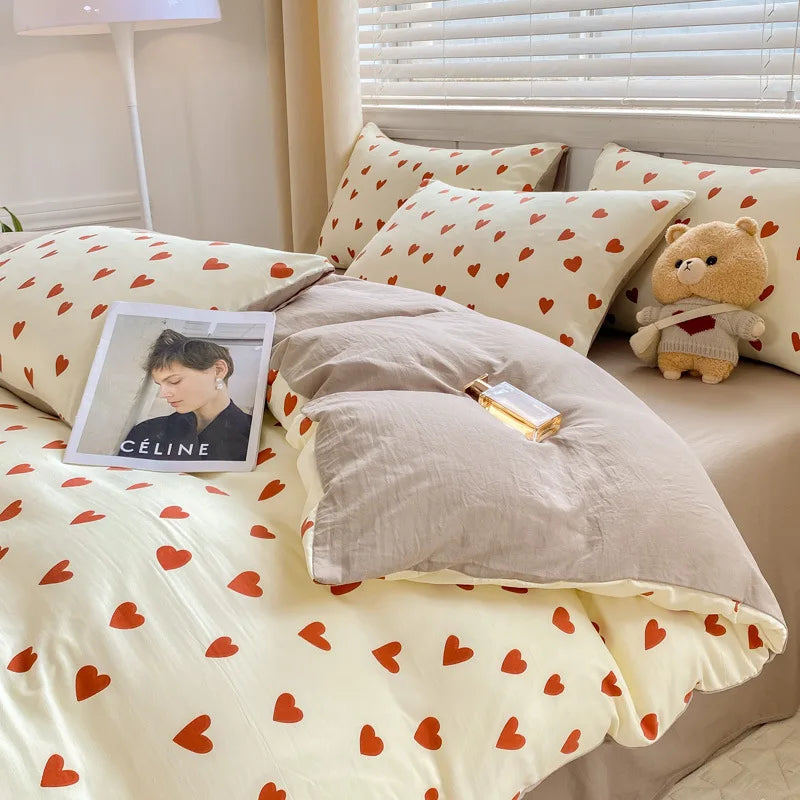 Afralia™ Cartoon Heart Floral Print Duvet Set with Bed Sheet & Pillowcases