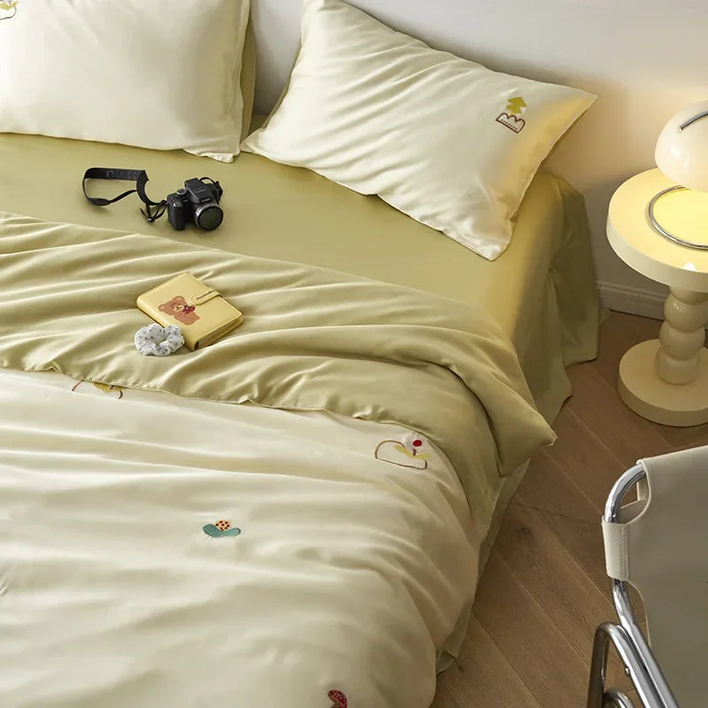 Afralia™ Cartoon Embroidery Comforter Set with Silky Cooling Touch Fitted Sheet - Luxury Rayon Bedding Set