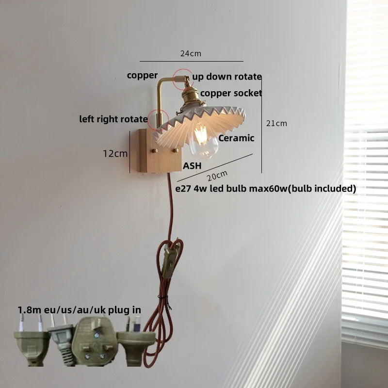 Afralia™ Nordic LED Walnut Wood Wall Lamp with Rotating Ceramic Copper Pull Chain Switch