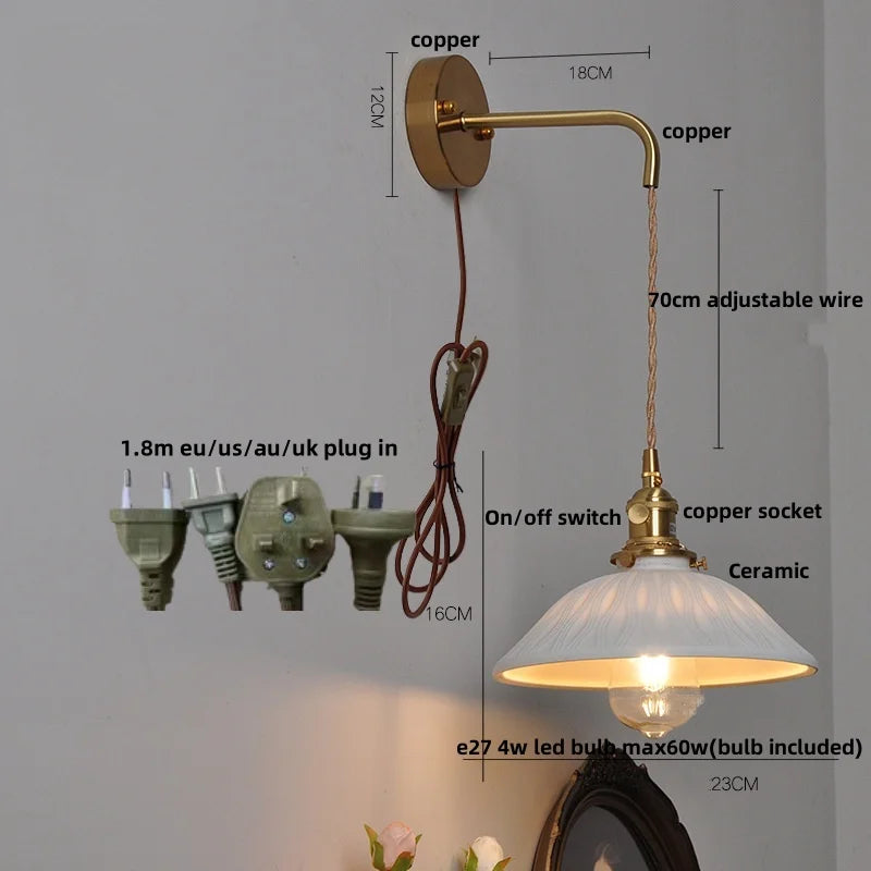 Afralia™ Ceramic Brass LED Wall Light Pull Chain Switch Modern Nordic Design