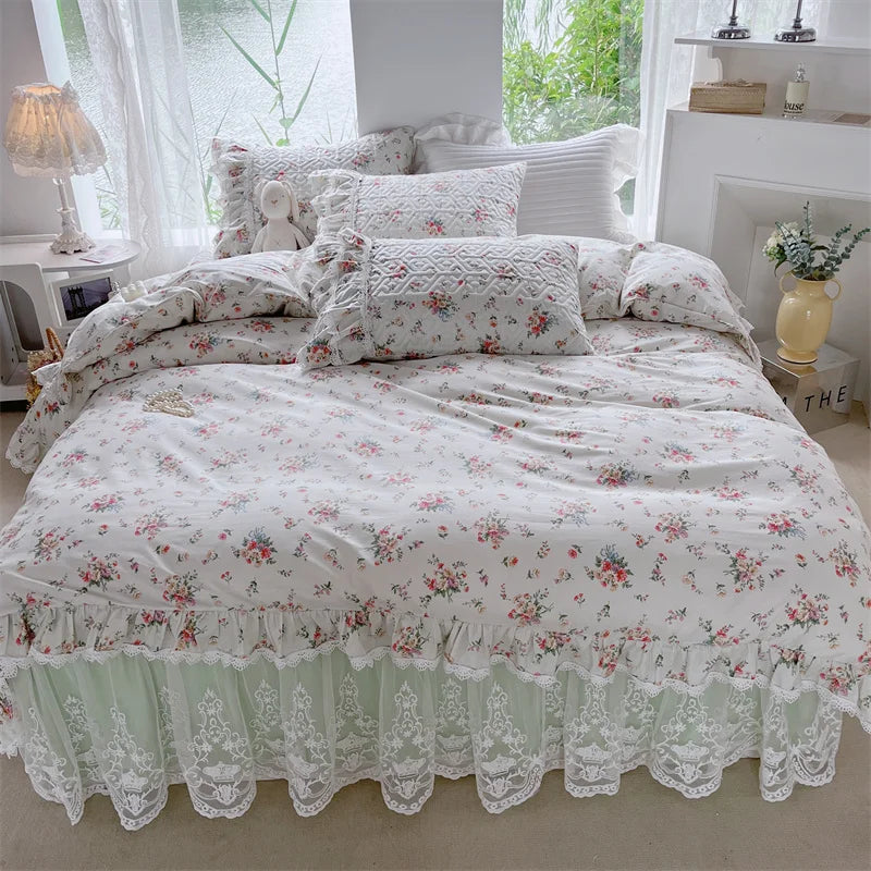 Afralia™ French Floral Print Bedding Set: Duvet Cover, Lace Ruffles, Quilted Embroidery, Pillowcases