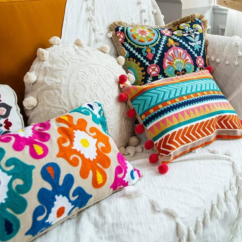 Afralia™ Embroidered Flower Boho Long Cushion Covers for Bedroom and Sofa