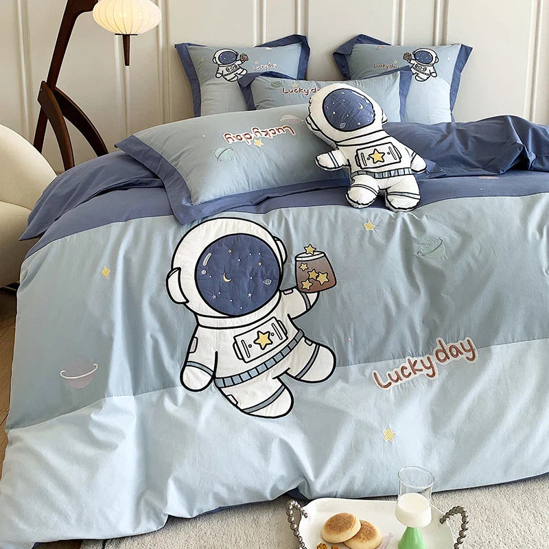 Afralia™ Astronaut Cartoon Embroidery Boys Bedding Set, 100% Cotton, Single Duvet Cover, Bed Sheet, Pillowcases