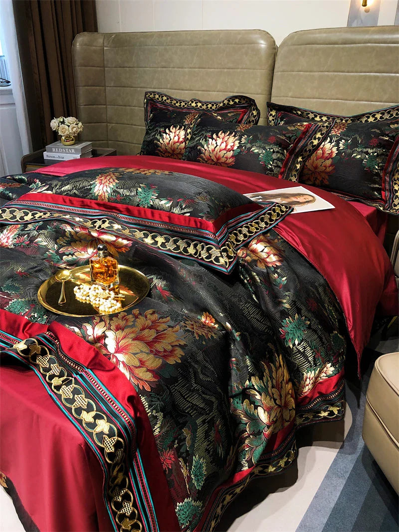 Afralia™ Luxury Brocade Jacquard & Egyptian Cotton Embroidery Bedding Set - Quilt Cover, Sheet, Bedspread & Shams