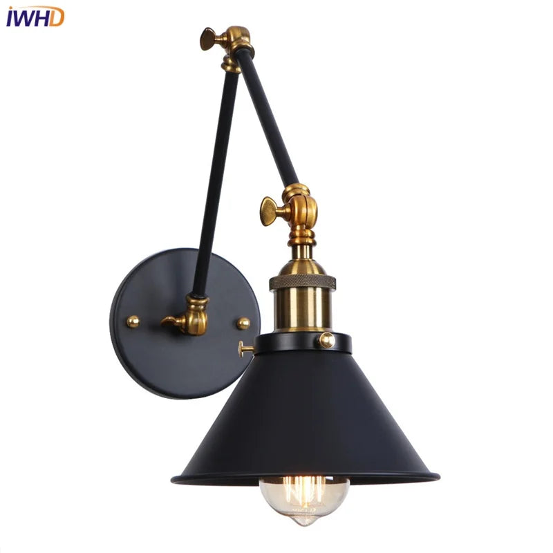 Afralia™ Industrial Loft LED Wall Lamp Black Vintage Swing Arm Mirror Light