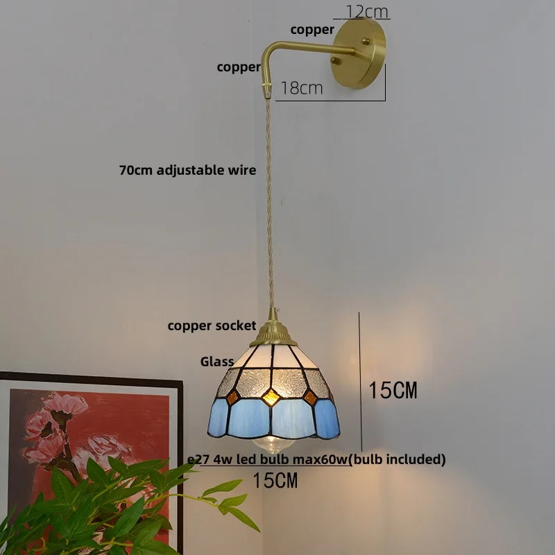 Afralia™ Glass Brass LED Wall Sconce Pull Chain Switch Vintage Vanity Light