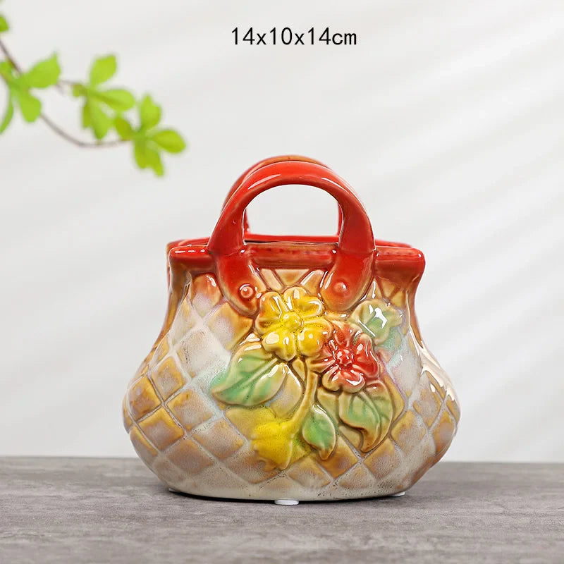 Afralia™ Ceramic Vase Handbag Embossed Flower Arrangement Home Decoration
