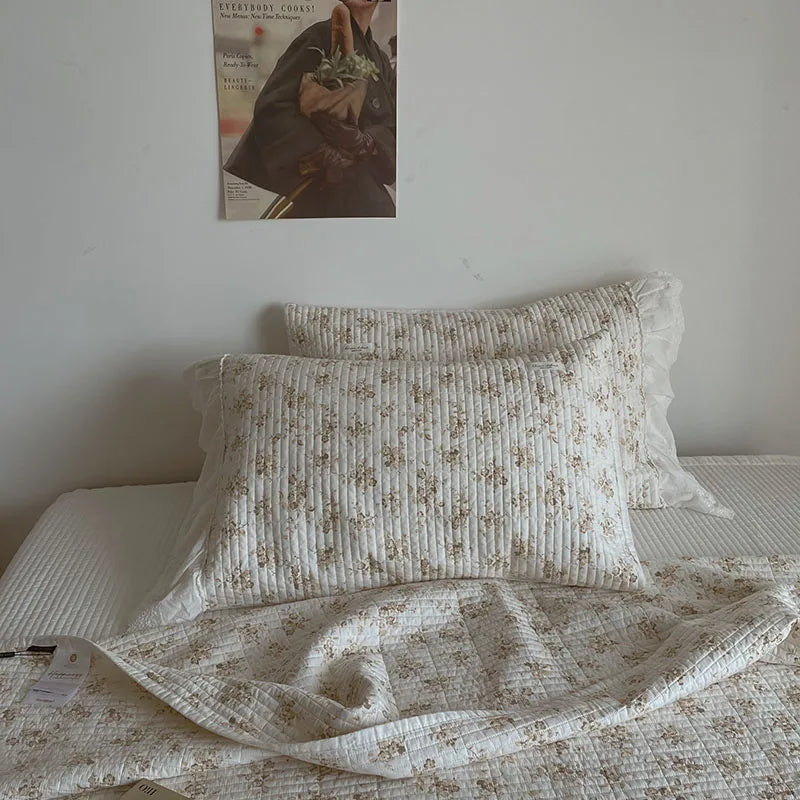 Afralia™ Floral Lace Ruffles Cotton Bedspread Set with Quilted Design & Pillowcases