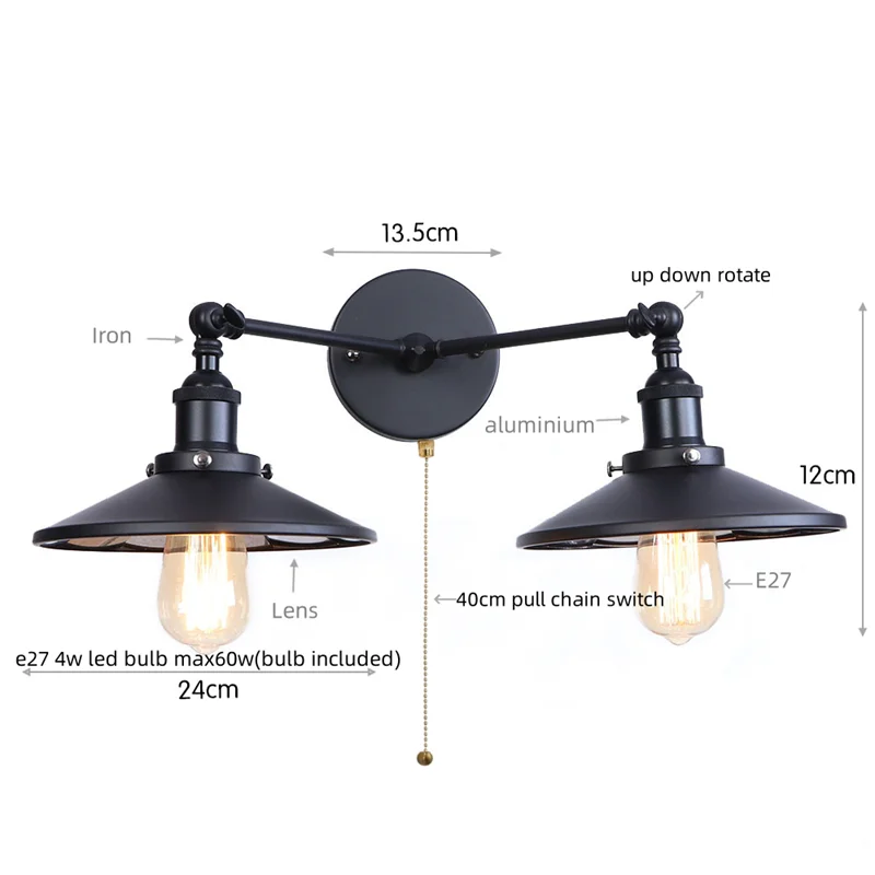 Afralia™ Vintage Gold Industrial Wall Lights with Pull Chain Switch and 2 Heads