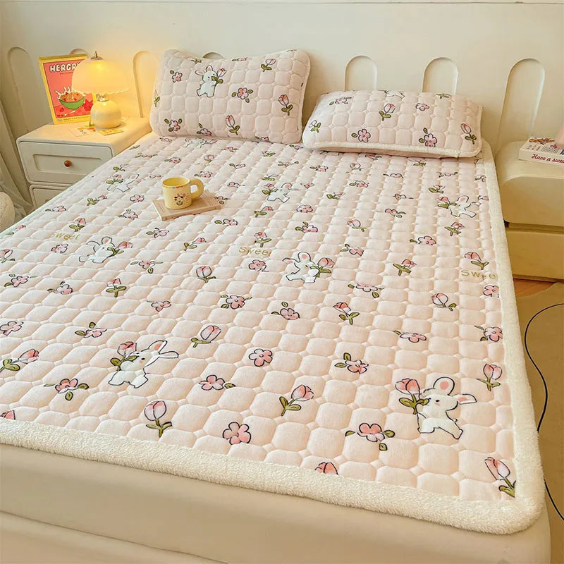Afralia™ Milk Velvet Printed Mattress Topper: Thick Warm Cartoon Cushion for All Seasons
