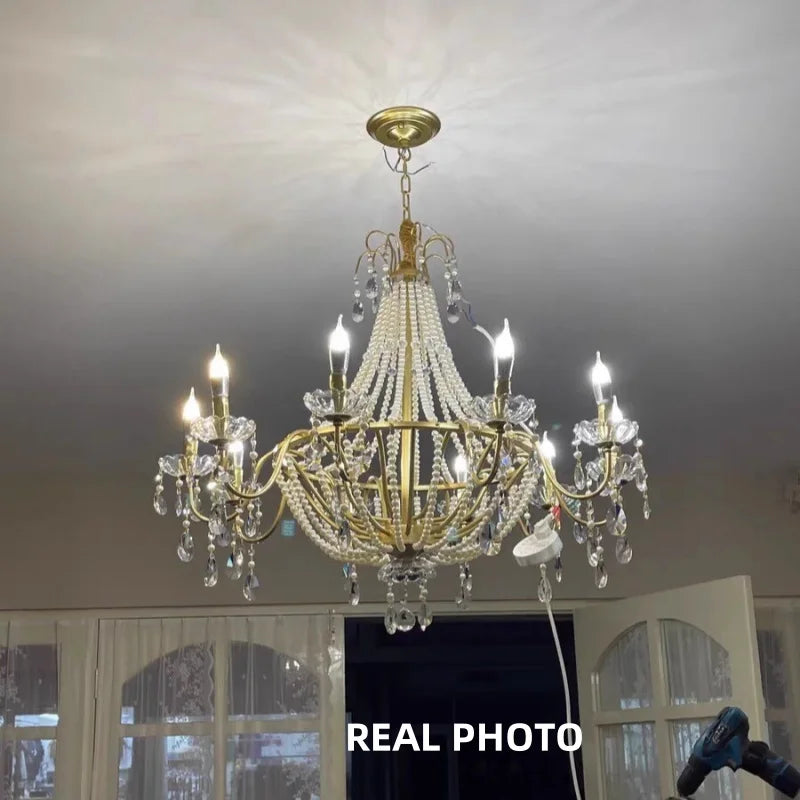 Afralia™ Gold Crystal Pearl Chandelier LED Pendant Lights Luxe Living Room Decor
